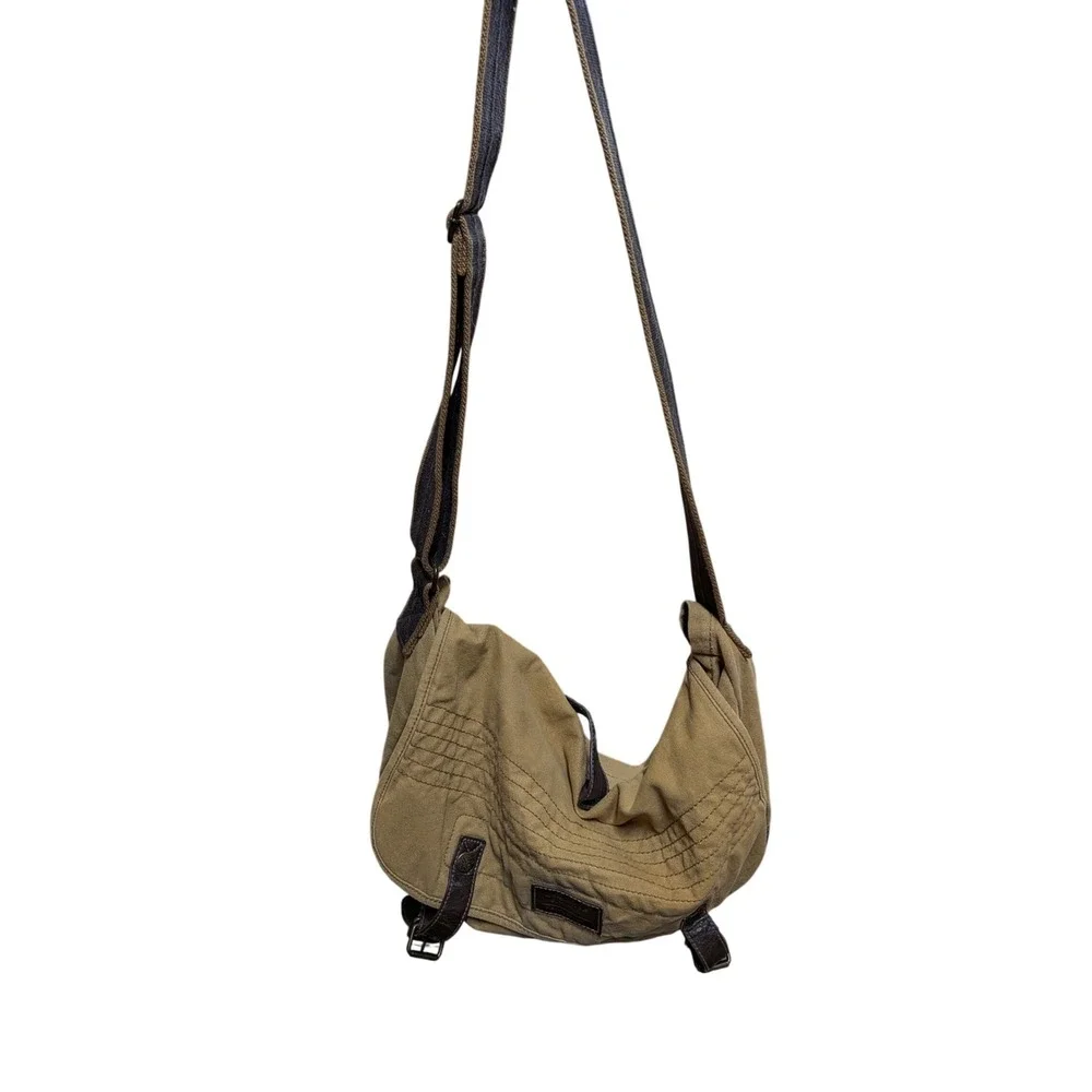 Tan Canvas Messenger Bag Brown Faux Leather Trim Buckle Flap Crossbody Satchel